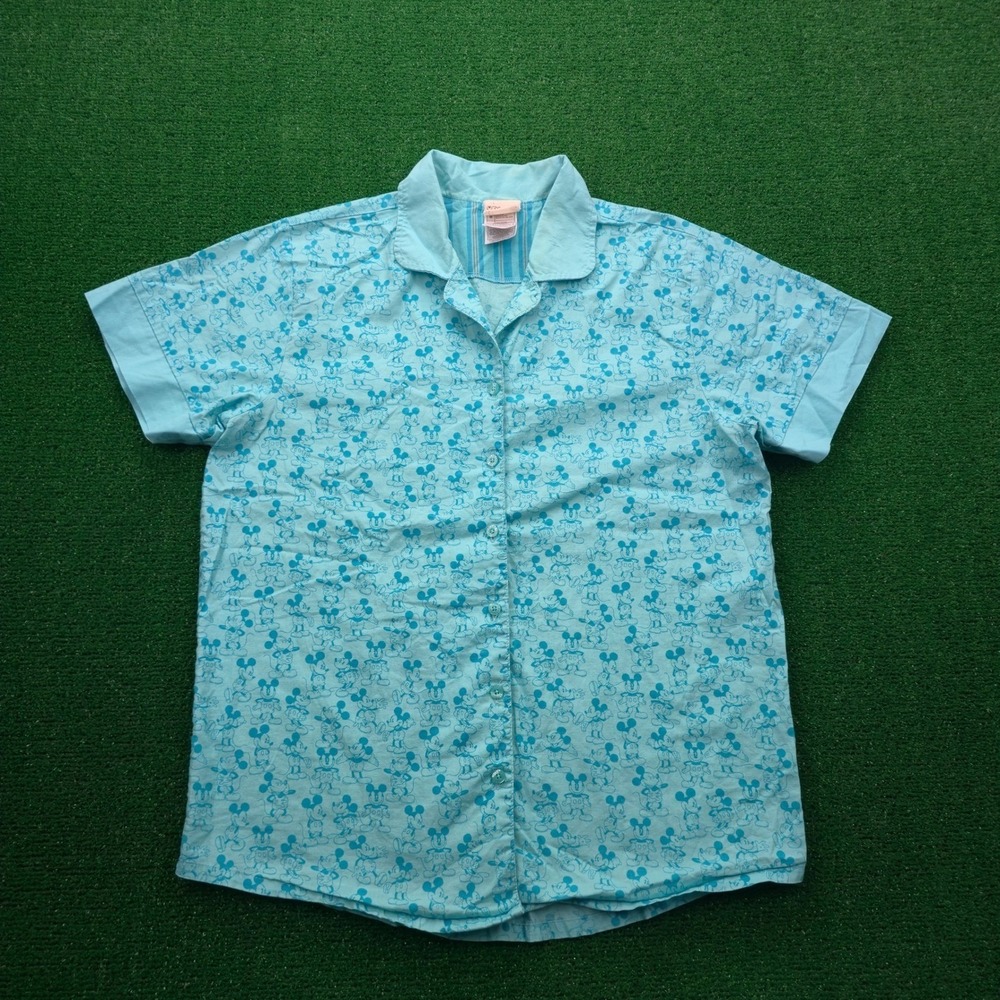 Disney Mickey Mouse Pajama Shirt Womens Medium Blue Button Up Sleep Top